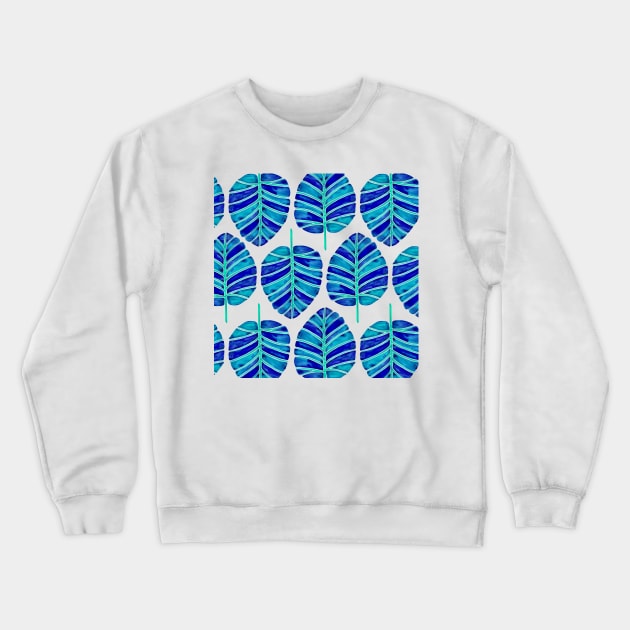 Blue Alocasia Pattern Crewneck Sweatshirt by CatCoq